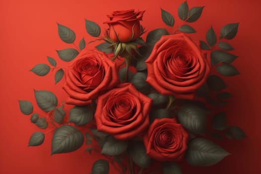 Red roses background. Top view of beautiful red roses with green leaves. ai generative