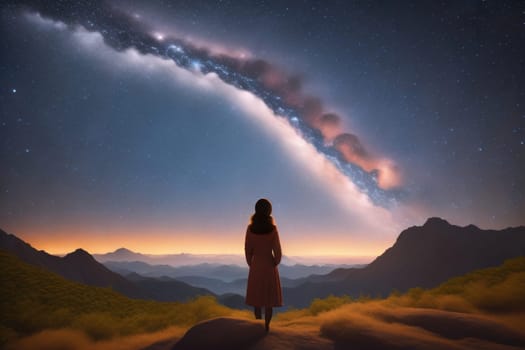 Woman looking at the starry sky with milky way in the mountains. ai generative