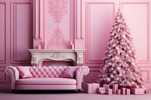 Christmas background with Christmas tree, gifts and fireplace in pink colors . Mock up. Christmas card