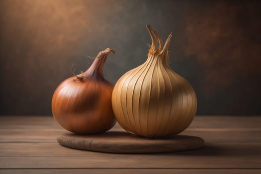 Three onions on a wooden table in front of a solid color background. ai generative