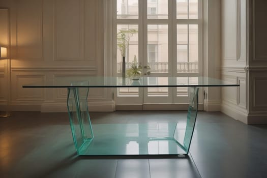 a glass table in a room. ai generative