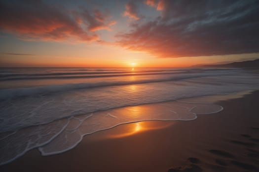 Beautiful sunset on the beach with reflection in the water. Long exposure. ai generative