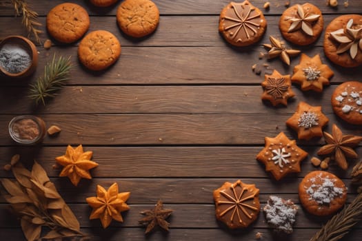 Cookies on a wooden table. Top view. ai generative
