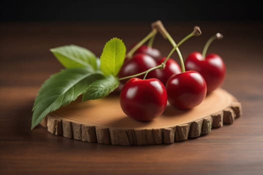 Red cherries on a wooden background. Close up. Selective focus. ai generative