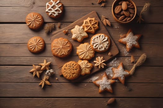 Cookies on a wooden table. Top view. ai generative