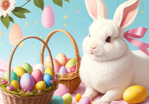 Easter bunny with colorful eggs in nest. ai generative