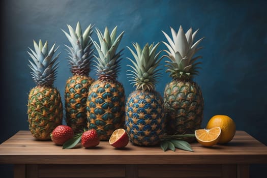 Pineapples on a wooden background. ai generative