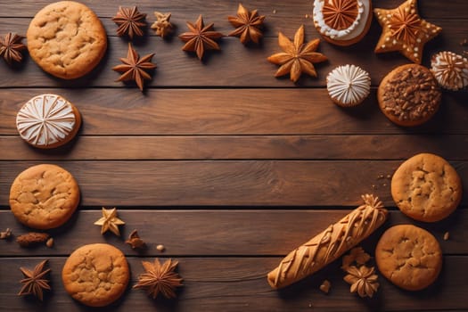 Cookies on a wooden table. Top view. ai generative