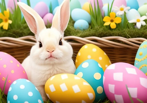 Easter bunny with colorful eggs in nest. ai generative