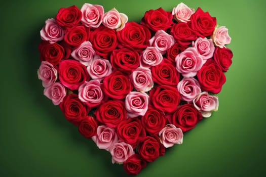 Rose flowers are artfully arranged in the shape of a heart, creating a romantic floral masterpiece. Valentine's Day background. Top view background.