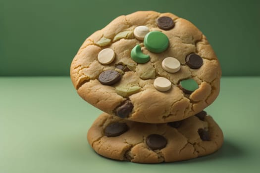 Chocolate chip cookies on orange background. Close up. Selective focus. ai generative