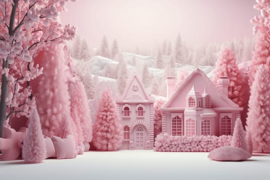 Christmas background with houses, fir trees in pink colors.
