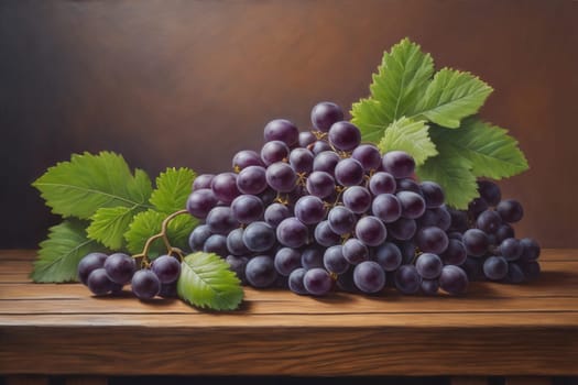 Bunch of fresh grapes on wooden table. Vintage style toned picture. ai generative