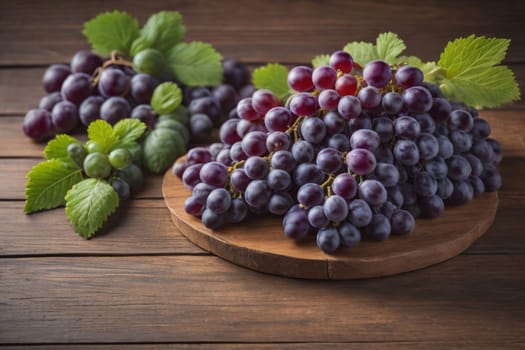 Bunch of fresh grapes on wooden table. Vintage style toned picture. ai generative