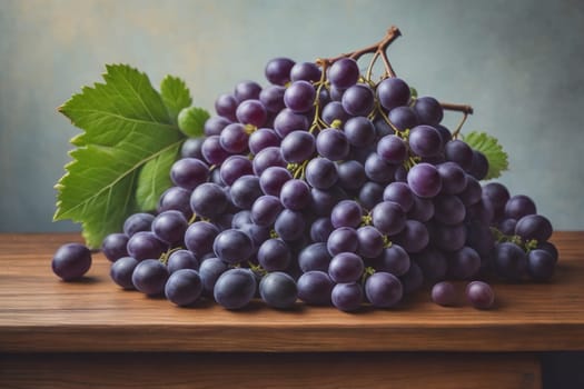 Bunch of fresh grapes on wooden table. Vintage style toned picture. ai generative