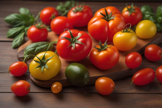 Tomatoes on a wooden table on a dark background. ai generative