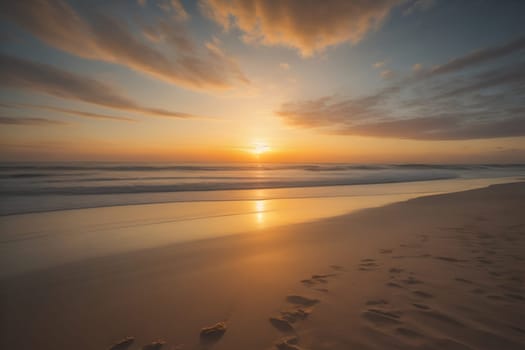 Beautiful sunset on the beach with reflection in the water. Long exposure. ai generative