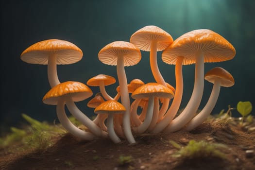 Mushrooms on a solid color background with green moss and water drops. generative ai