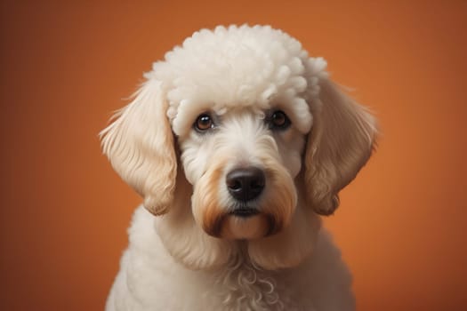 Close-up portrait of a poodle dog on a solid color background. ai generative