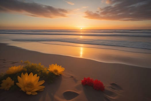 Beautiful sunset on the beach with reflection in the water. Long exposure. ai generative