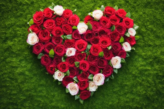 Rose flowers are artfully arranged in the shape of a heart, creating a romantic floral masterpiece. Valentine's Day background. Top view background.