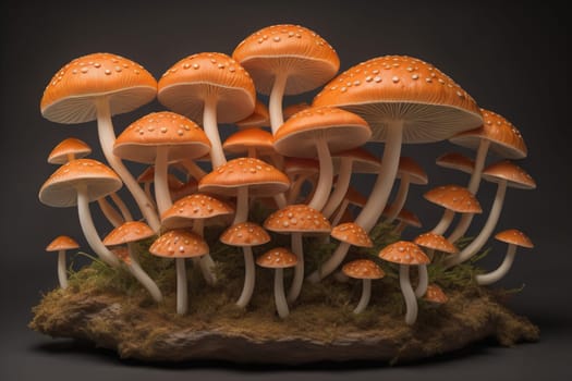 Mushrooms on a solid color background with green moss and water drops. generative ai