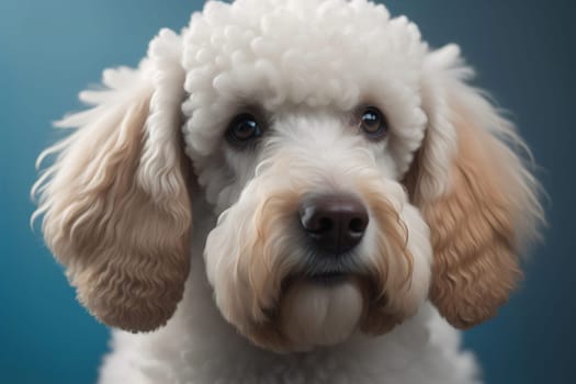 Close-up portrait of a poodle dog on a solid color background. ai generative