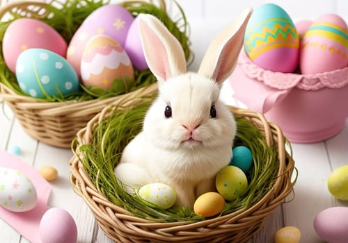 Easter bunny with colorful eggs in nest. ai generative