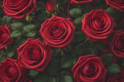 Red roses background. Top view of beautiful red roses with green leaves. ai generative