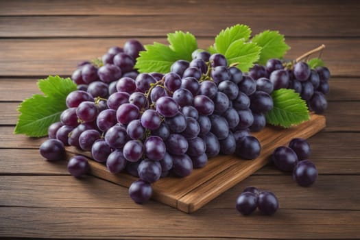 Bunch of fresh grapes on wooden table. Vintage style toned picture. ai generative