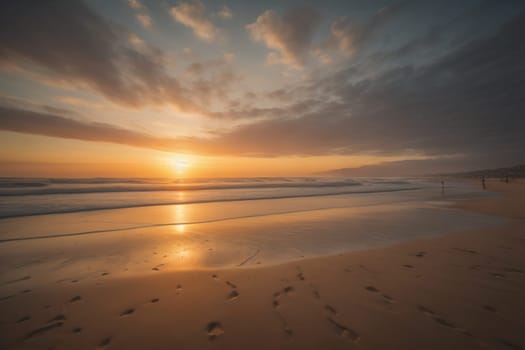 Beautiful sunset on the beach with reflection in the water. Long exposure. ai generative