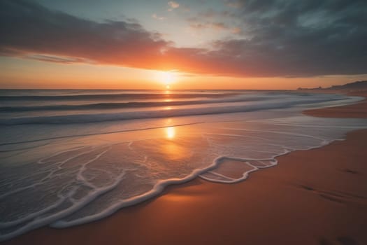 Beautiful sunset on the beach with reflection in the water. Long exposure. ai generative