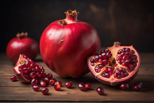 Ripe pomegranate fruit on a wooden background. Still life. ai generative