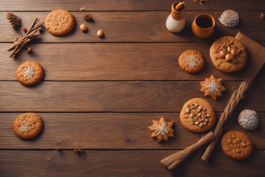 Cookies on a wooden table. Top view. ai generative