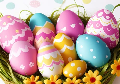 Easter bunny with colorful eggs in nest. ai generative