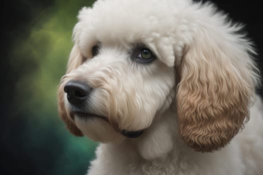 Close-up portrait of a poodle dog on a solid color background. ai generative