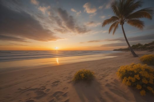 Beautiful sunset on the beach with reflection in the water. Long exposure. ai generative