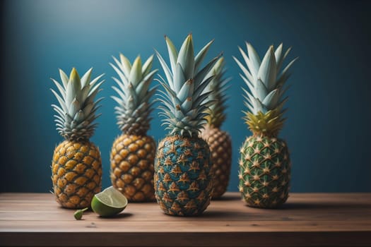 Pineapples on a wooden background. ai generative