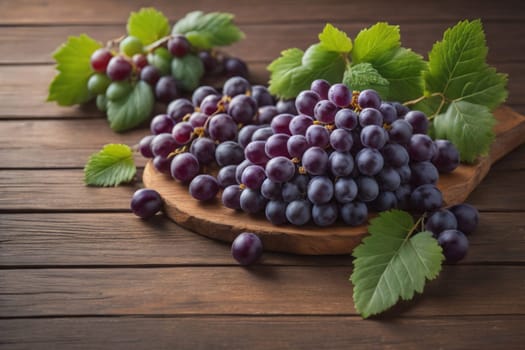 Bunch of fresh grapes on wooden table. Vintage style toned picture. ai generative