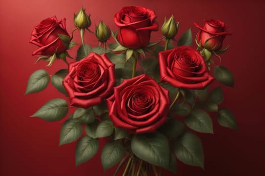 Red roses background. Top view of beautiful red roses with green leaves. ai generative