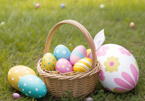 Easter bunny with colorful eggs in nest. ai generative