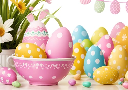 Easter bunny with colorful eggs in nest. ai generative