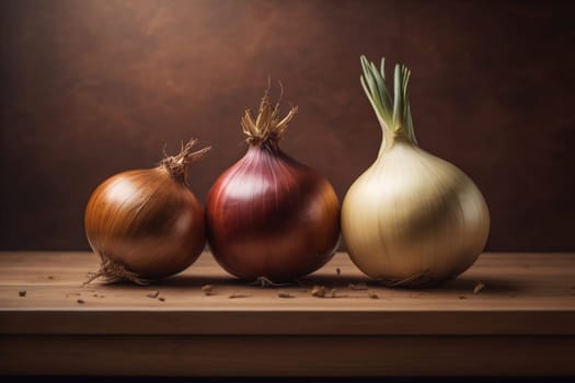Three onions on a wooden table in front of a solid color background. ai generative