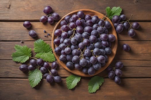 Bunch of fresh grapes on wooden table. Vintage style toned picture. ai generative