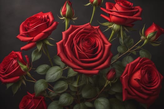 Red roses background. Top view of beautiful red roses with green leaves. ai generative