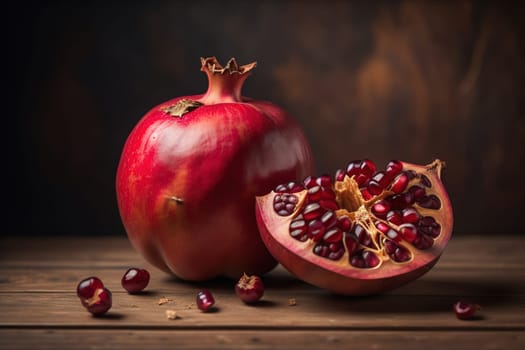 Ripe pomegranate fruit on a wooden background. Still life. ai generative