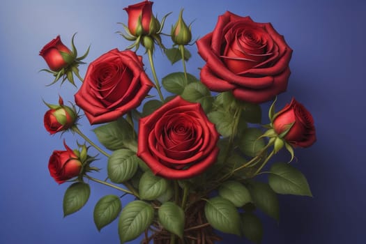 Red roses background. Top view of beautiful red roses with green leaves. ai generative