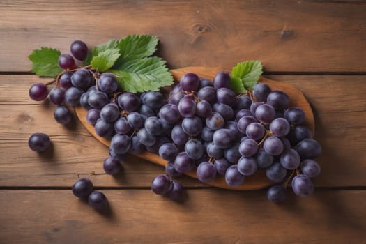 Bunch of fresh grapes on wooden table. Vintage style toned picture. ai generative