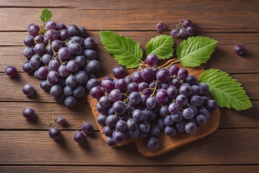 Bunch of fresh grapes on wooden table. Vintage style toned picture. ai generative
