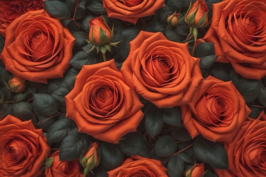 Red roses background. Top view of beautiful red roses with green leaves. ai generative